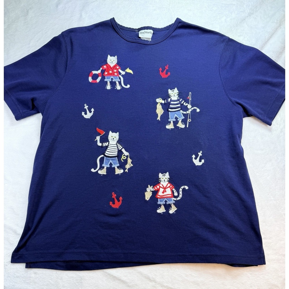 Vintage BonWorth Coastal Cats‎ Navy Blue Shirt Women's Large Cottagecore Retro